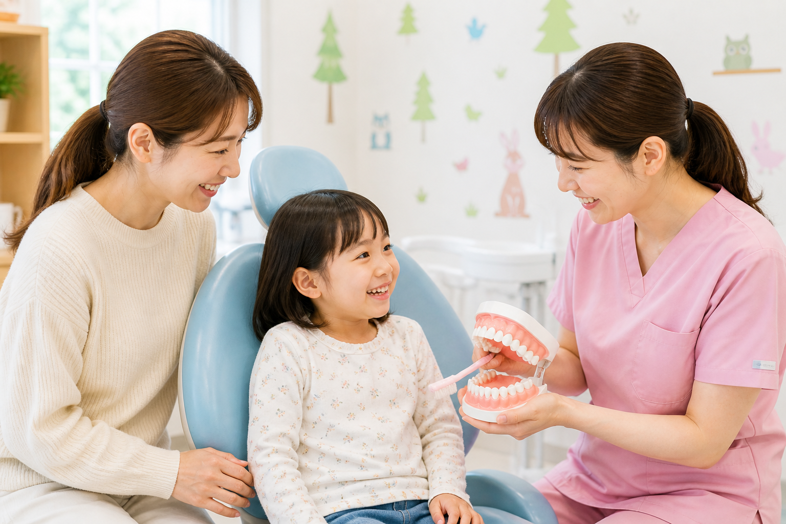 小児歯科で歯磨きの説明を受ける子ども